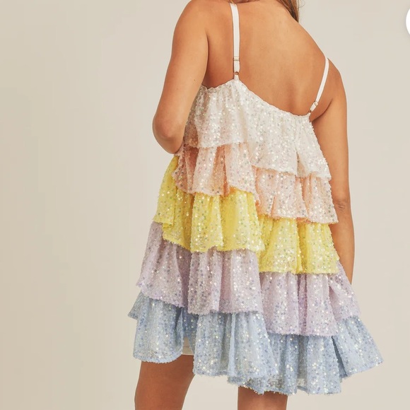 MABLE MARIAM MINI DRESS sequins ruffles sparkly size Small pink yellow pastel - Picture 15 of 15